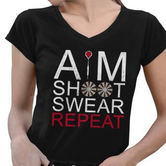 Aim Shoot Swear Repeat Darts Retro Vintage Gift Women V-Neck T-Shirt - Thegiftio UK