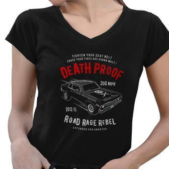 Death Proof Distressed Muscle Car Racing Vintage Skull Lightning Bolts Women V-Neck T-Shirt - Thegiftio UK
