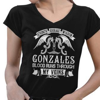 Gonzales - Strength Courage Wisdom Gonzales Blood Runs Through My Veins Name Women V-Neck T-Shirt - Thegiftio UK