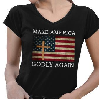Make America Godly Again American Flag Shirt Women V-Neck T-Shirt - Thegiftio UK