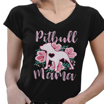 Pitbull Mama Pink Flowers Cute Pit Bull Pretty Mom Gift Women V-Neck T-Shirt - Thegiftio UK