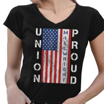 Union Proud American Flag Millwright Women V-Neck T-Shirt - Thegiftio UK