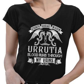 Urrutia Shirts - Strength Courage Wisdom Urrutia Blood Runs Through My Veins Name Shirts Women V-Neck T-Shirt - Thegiftio UK