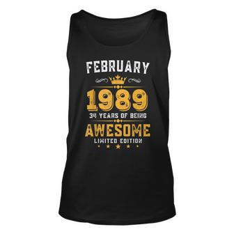 34 Years Old Gifts Vintage February 1989 34Th Birthday Unisex Tank Top - Seseable