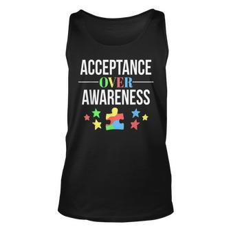 Acceptance Over Awareness Autism Support Quote Puzzle Piece Tank Top | Mazezy