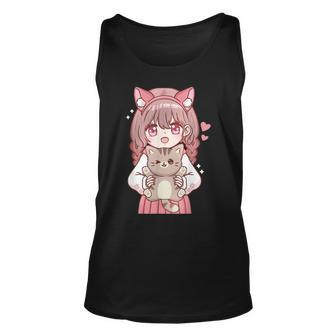 Anime Girl With Cat Kawaii Cat Lover Otaku Unisex Tank Top | Mazezy