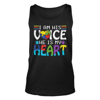 Autism Fathering I Am His Voice He Is My Heart Autism Mom Unisex Tank Top | Mazezy