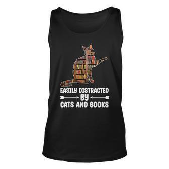 Easily Distracted By Cats And Books Funny Cat Lover Unisex Tank Top | Mazezy
