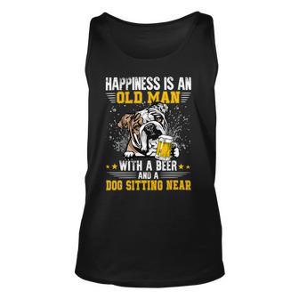 English Bulldog Dog Lover Happiness Is An Old Man With A Beer And A English Bulldog 212 Bulldog Dad Mom Unisex Tank Top - Monsterry DE