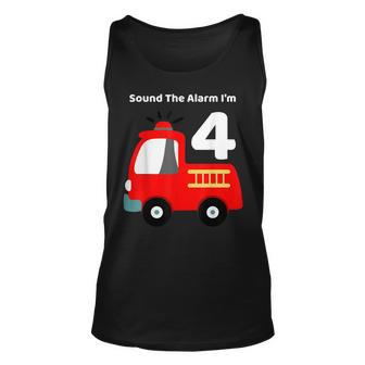 Fire Fighter Truck 4 Year Old Birthday | 4Th Bday Unisex Tank Top - Seseable