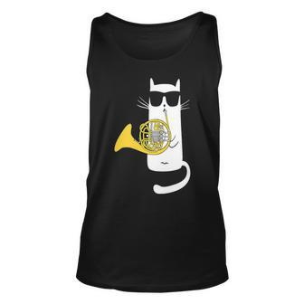 Funny Cat Wearing Sunglasses Playing French Horn Unisex Tank Top - Seseable