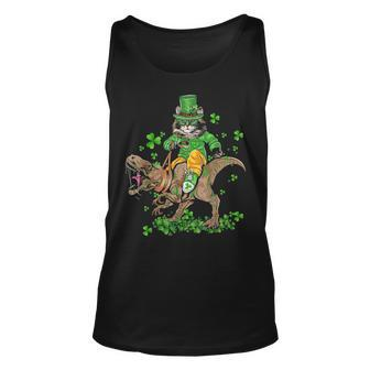 Funny St Patricks Day Irish Cat Riding T Rex Shamrock Unisex Tank Top - Seseable