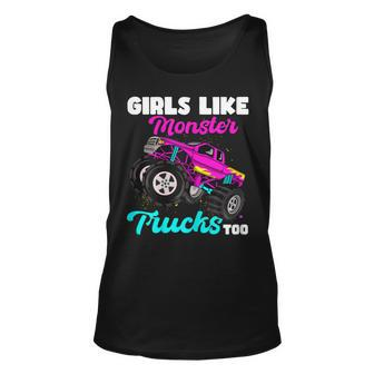 Girls Like Monster Trucks Too Pink Monster Truck Girl Tank Top | Mazezy