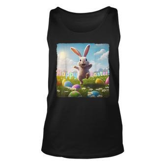 Happy Easter Bunny Hopping Over Colored Eggs Unisex Tank Top | Mazezy DE