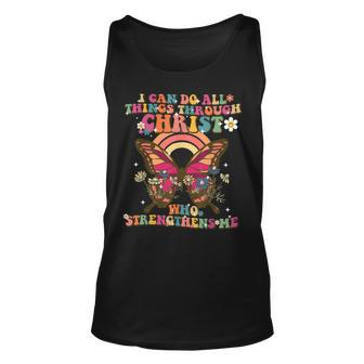 I Can Do All Things Through Christ Butterfly Retro Groovy Unisex Tank Top - Seseable