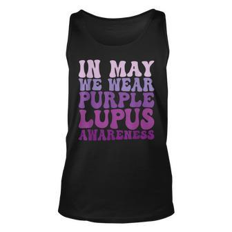 In May We Wear Purple Lupus Awareness Month Groovy Unisex Tank Top | Mazezy
