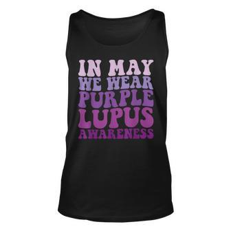 In May We Wear Purple Lupus Awareness Month Groovy Unisex Tank Top | Mazezy
