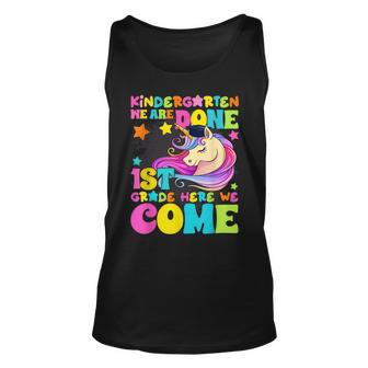 Kindergarten We Are Done 1St Grade Here We Come Cute Unicorn Tank Top | Mazezy
