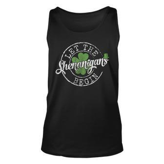 Let The Shenanigans Begin Funny Clovers St Patricks Day Unisex Tank Top | Mazezy