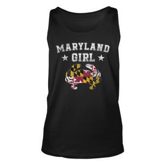 Maryland Girl Flag Blue Crab T - State Pride Retro Unisex Tank Top | Mazezy