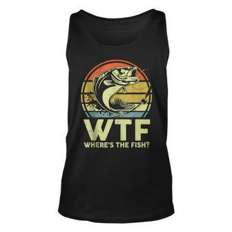 Mens Fishing Wtf Wheres The Fish Fisherman Funny Bass Dad Unisex Tank Top | Mazezy