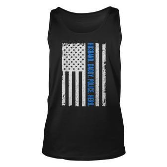 Mens Husband Daddy Police Hero Usa Flag Fathers Day Gifts Unisex Tank Top - Seseable
