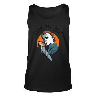 Michael-Myers-Slay-All-Day-Halloween Horror Funny Graphic Unisex Tank Top | Mazezy