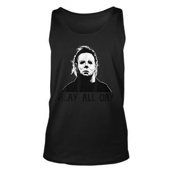 Michael-Myers-Slay-All-Day-Halloween Horror Funny Graphic Unisex Tank Top | Mazezy