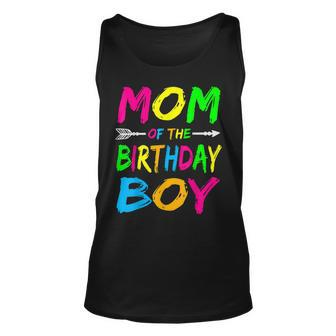 Mom Of The Birthday Boy Glows Retro 80S Party Glow Unisex Tank Top | Mazezy