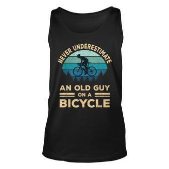 Never Underestimate An Old Guy On A Bicycle Funny Biker Dad Unisex Tank Top - Seseable