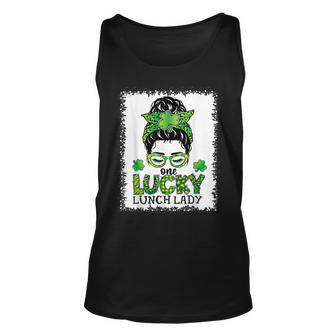 One Lucky Lunch Lady Bleached Messy Bun St Patricks Day Unisex Tank Top - Seseable