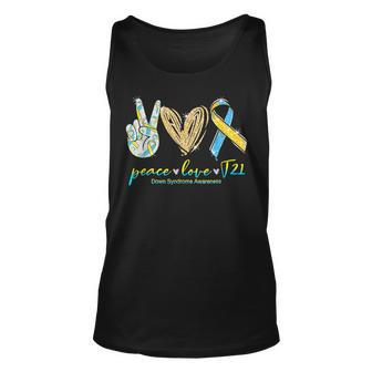 Peace Love T21 Blue Yellow Ribbon Down Syndrome Awareness Unisex Tank Top - Seseable