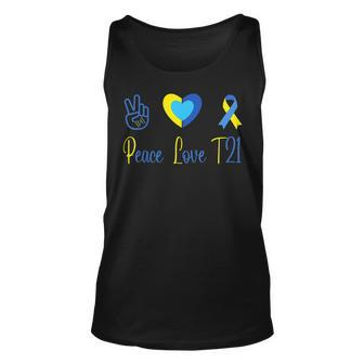 Peace Love T21 Blue Yellow World Down Syndrome Day 2023 Unisex Tank Top - Seseable