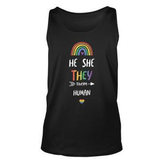 Queer He She They Them Human Lgbtq Sayings Unisex Tank Top - Thegiftio UK