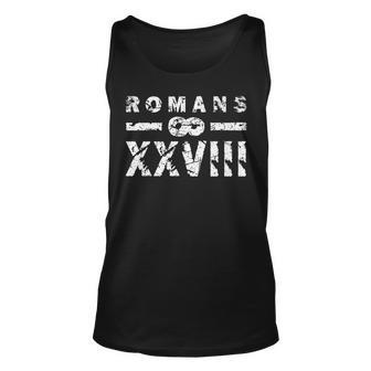 Romans 828 Religious Bible Verse Romans 828 Roman Numerals Unisex Tank Top - Seseable