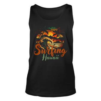 Sunset On The Beach Vintage Hawaii Surfing Label Unisex Tank Top | Mazezy