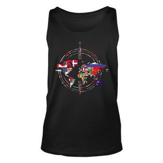 Traveler Country Flags Compass Globe Traveling World Map Unisex Tank Top | Mazezy