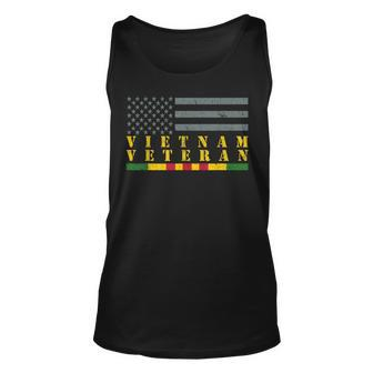 Vietnam Veteran Yellow Text Distressed American Flag Unisex Tank Top - Seseable