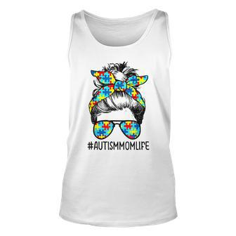 Autism Awareness Momlife Messy Bun Puzzle Beached Supporter Unisex Tank Top - Seseable