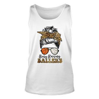 Busy Raising Ballers Basketball And Volleyball Mom Messy Bun Tank Top | Mazezy
