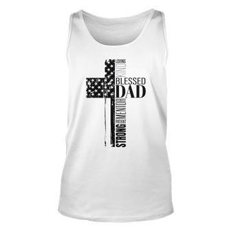 Cool Christian Blessed Dad Cross American Flag Fathers Day Unisex Tank Top | Mazezy