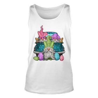 Cute Three Gnomes In Truck Bunny Egg Happy Easter Day Outfit Unisex Tank Top - Seseable