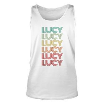 First Name Lucy Girl Retro Personalized Groovy 60S Birthday Unisex Tank Top - Seseable