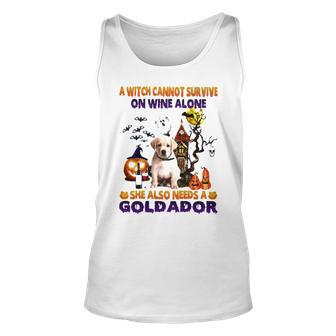 A Witch Cannot Survive On Wine Alone She Also Needs A Yellow Goldador Halloween Tank Top | Mazezy