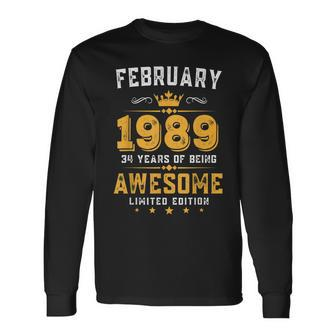 34 Years Old Vintage February 1989 34Th Birthday Long Sleeve T-Shirt - Seseable