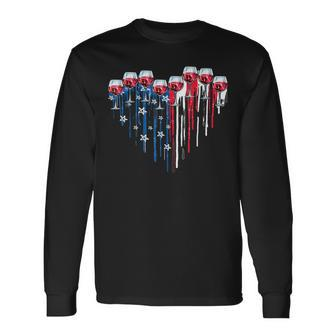 4Th Of July Wine Glasses Heart American Flag Patriotic Long Sleeve T-Shirt | Mazezy