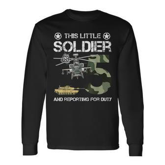 5 Year Old Soldier Camo Army Birthday Themed Military Long Sleeve T-Shirt - Seseable