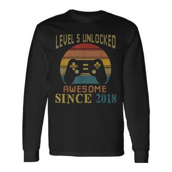 5 Years Level 5 Unlocked Awesome Since 2018 5Th Birthday Men Women Long Sleeve T-shirt Graphic Print Unisex - Seseable