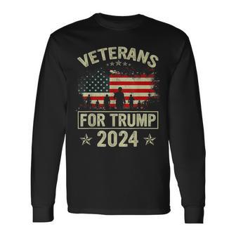 American Flag Veterans For Trump 2024 Dad Grandpa Veterans Long Sleeve T-Shirt - Seseable
