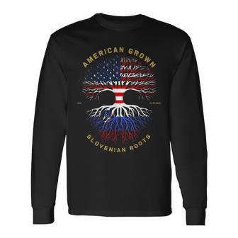 American Grown With Slovenian Roots Tree Usa Flag Gifts Men Women Long Sleeve T-shirt Graphic Print Unisex - Seseable
